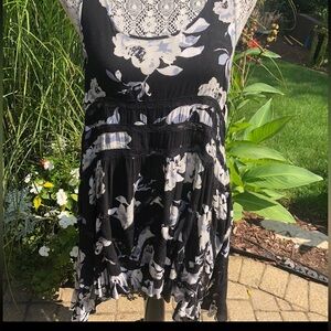 Free People Black and White Floral Lace-Trim Mini Dress